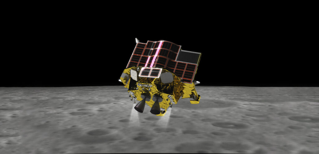 月への着陸を目指すSLIMの想像図。本体に取り付けられた太陽電池パネルが描かれています。
（提供：JAXA）