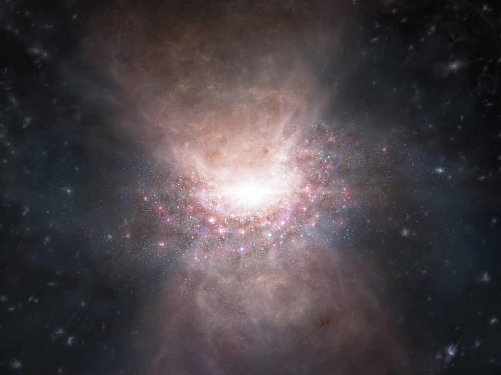 宇宙初期の銀河中心で明るく輝くクェーサーJ2054-0005 から噴き
出す分子ガスのアウトフローをアルマ望遠鏡で「影絵」として捉
えた（想像図）
Credit: ALMA (ESO/NAOJ/NRAO)