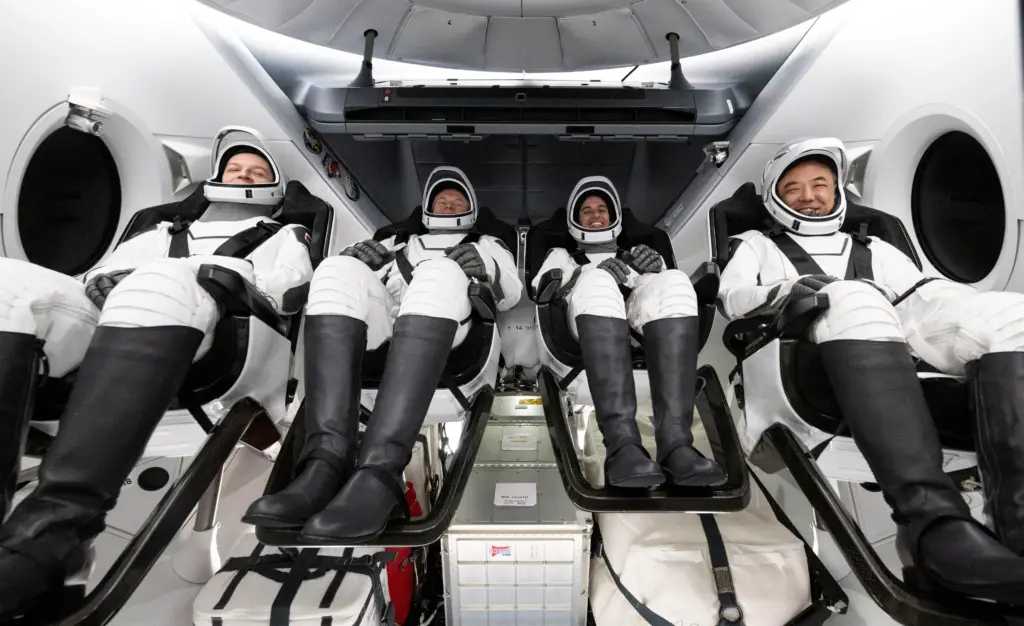 Roscosmos cosmonaut Konstantin Borisov, left, ESA (European Space Agency) astronaut Andreas Mogensen, NASA astronaut Jasmin Moghbeli, and Japan Aerospace Exploration Agency (JAXA) astronaut Satoshi Furukawa are seen inside the SpaceX Dragon Endurance spacecraft onboard the SpaceX recovery ship MEGAN shortly after having landed in the Gulf of Mexico off the coast of Pensacola, Florida, Tuesday, March 12, 2024. Moghbeli, Mogensen, Furukawa, and Borisov are returning after nearly six-months in space as part of Expedition 70 aboard the International Space Station.
NASA/Joel Kowsky